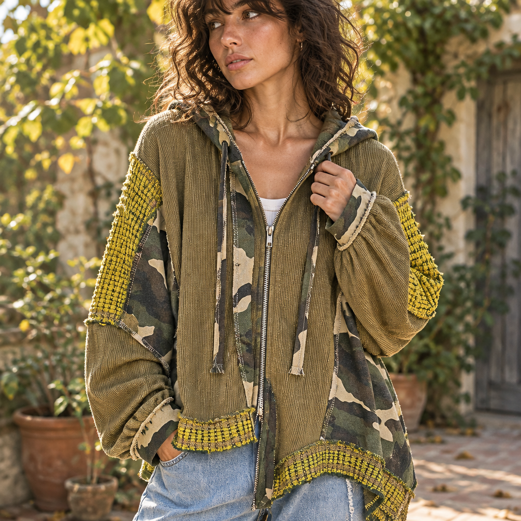 POL Clothing olive mixed-fabric zip hoodie with drawstrings and textured hem in leafy courtyard