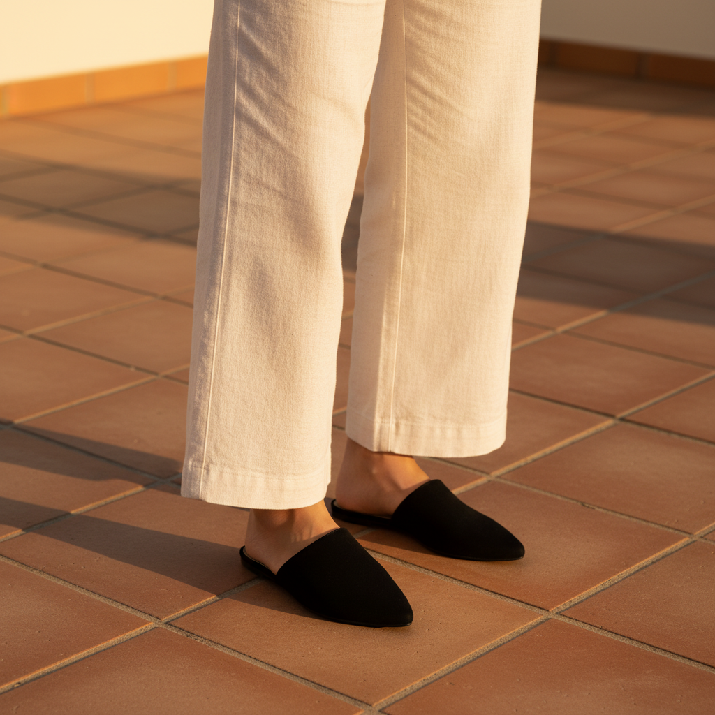 Woman standing on terracotta tile patio wearing Bella Marie black pointed toe mule slides with cream linen trousers, golden hour light