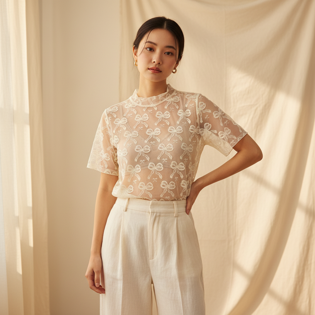 Women's off-white sheer bow mesh top, high mock neck, boxy fit, casual daytime styling - BellanBlue