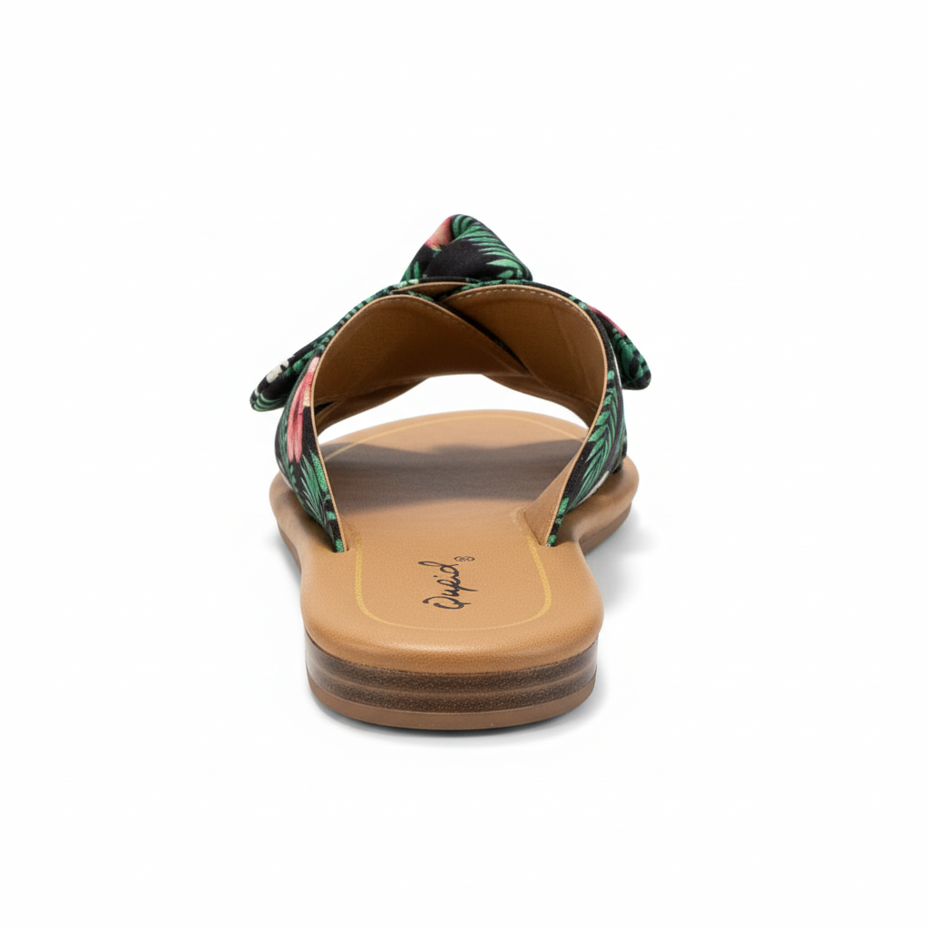 Back view of tropical slide sandals with twisted knot detail and vibrant floral pattern