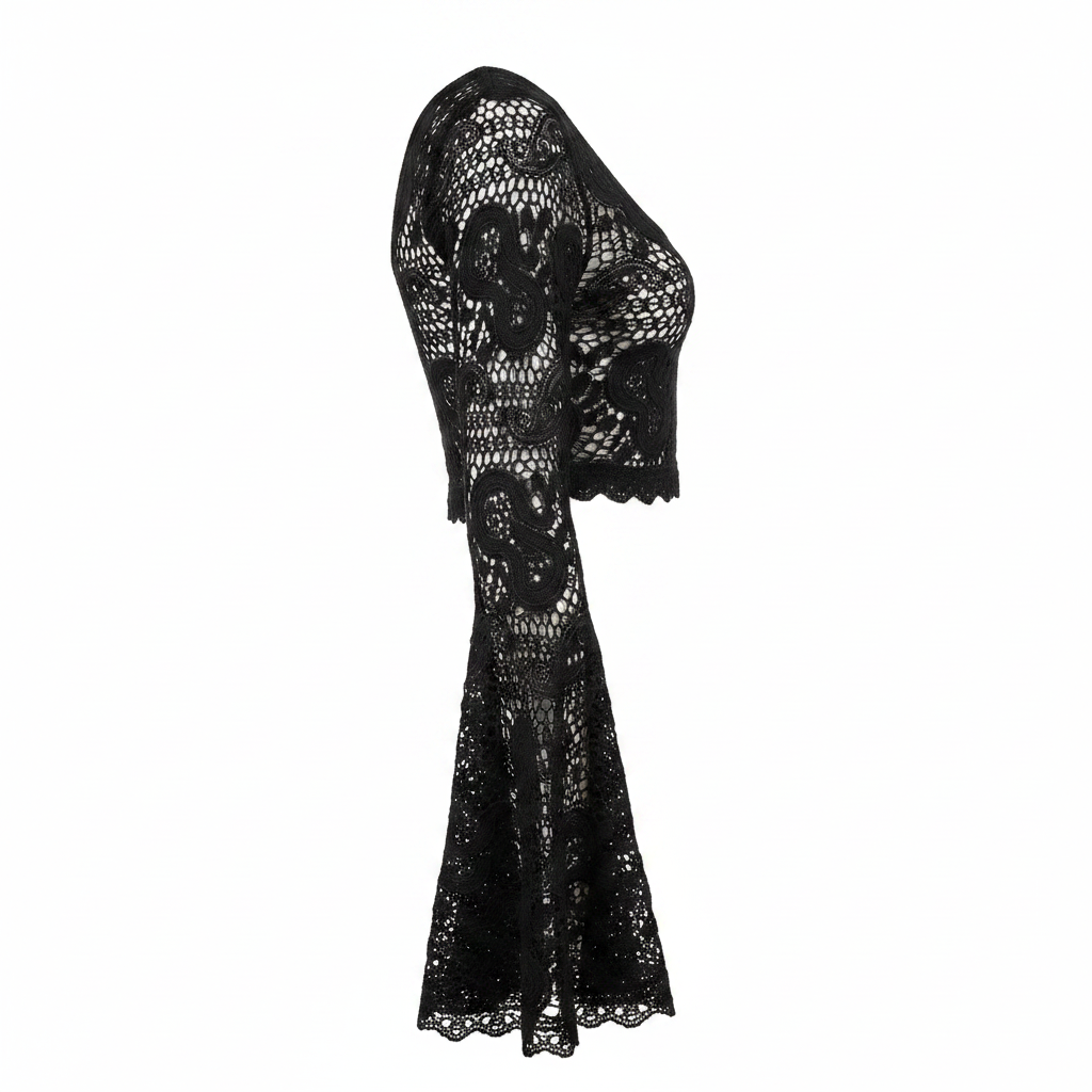 Women's black crochet crop top side profile full bell sleeve length scalloped fringe hem waist crop