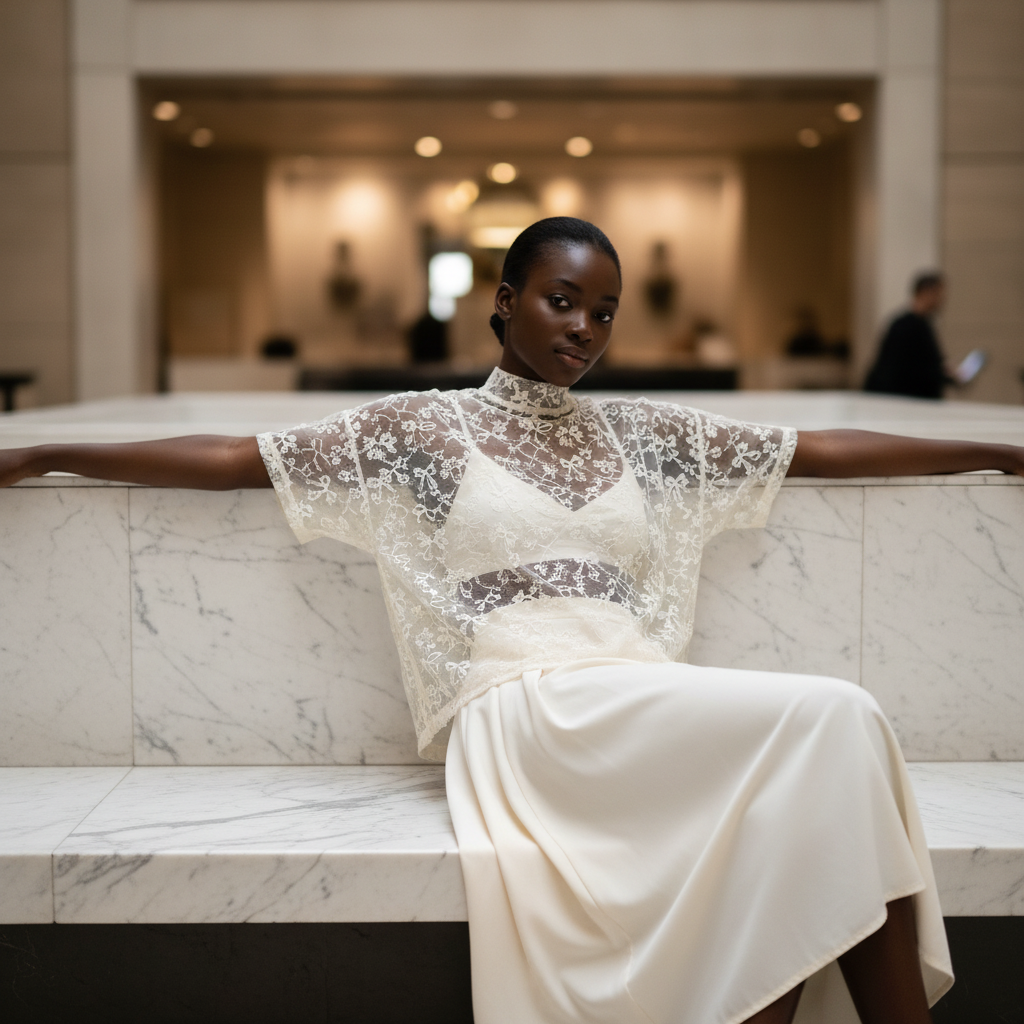 Women's cream mesh bow top, sheer lace fabric, high neck, draped silhouette, seated editorial - BellanBlue