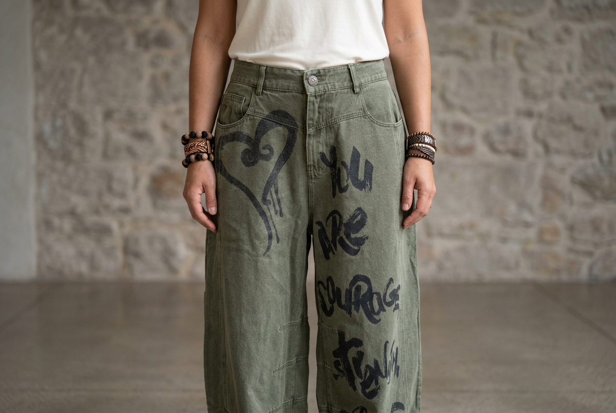 Olive jeans shown from waist to knees, highlighting the black heart, handwritten-style message, and curved seams.