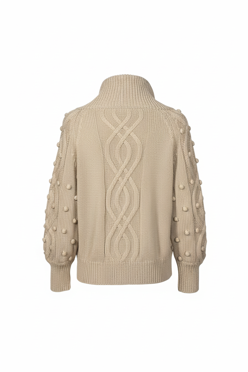 Latte turtleneck pom-pom sweater back view, ghost mannequin showing cable knit and bobble details