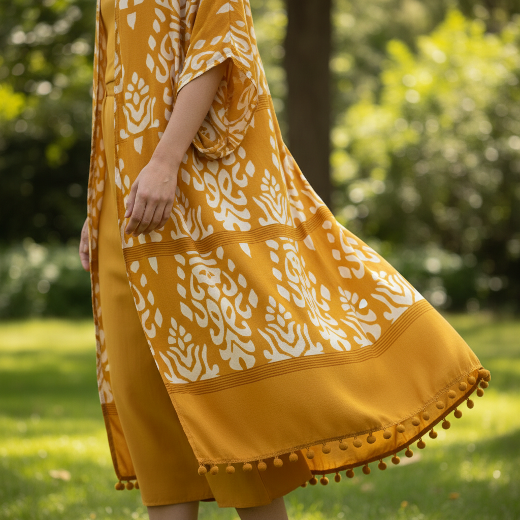 Close-up of mustard yellow damask print and pom-pom ball fringe hem trim on Urbanista kimono duster
