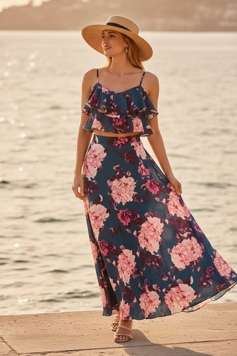 Woman in a floral dress and hat standing on a dock by water