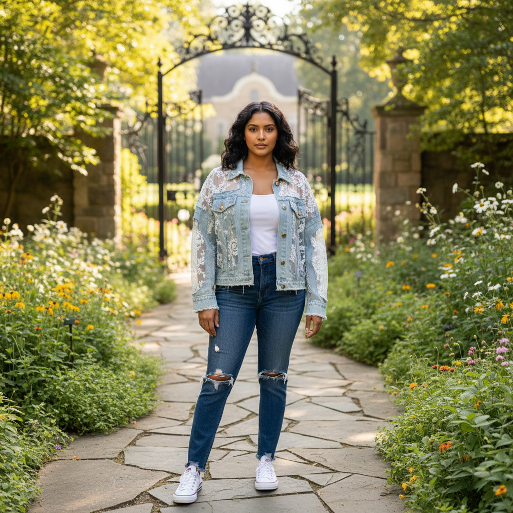 Women's distressed denim jacket with white lace embroidery panels styled with linen trousers garden setting