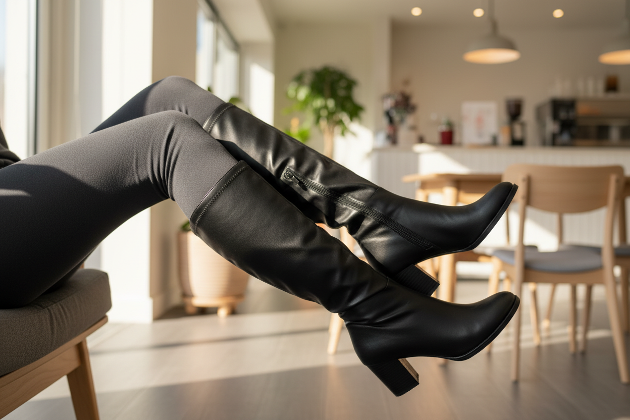 Close-up of black slouchy boots with leggings in modern cafe setting