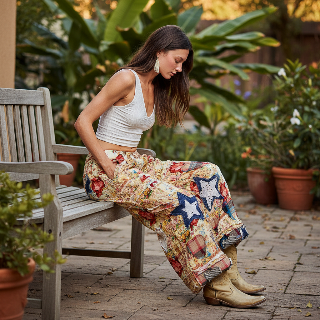 POL Clothing Women's Coral Multi POL Floral Patchwork Jogger Pants featuring elastic waistband and back floral patches