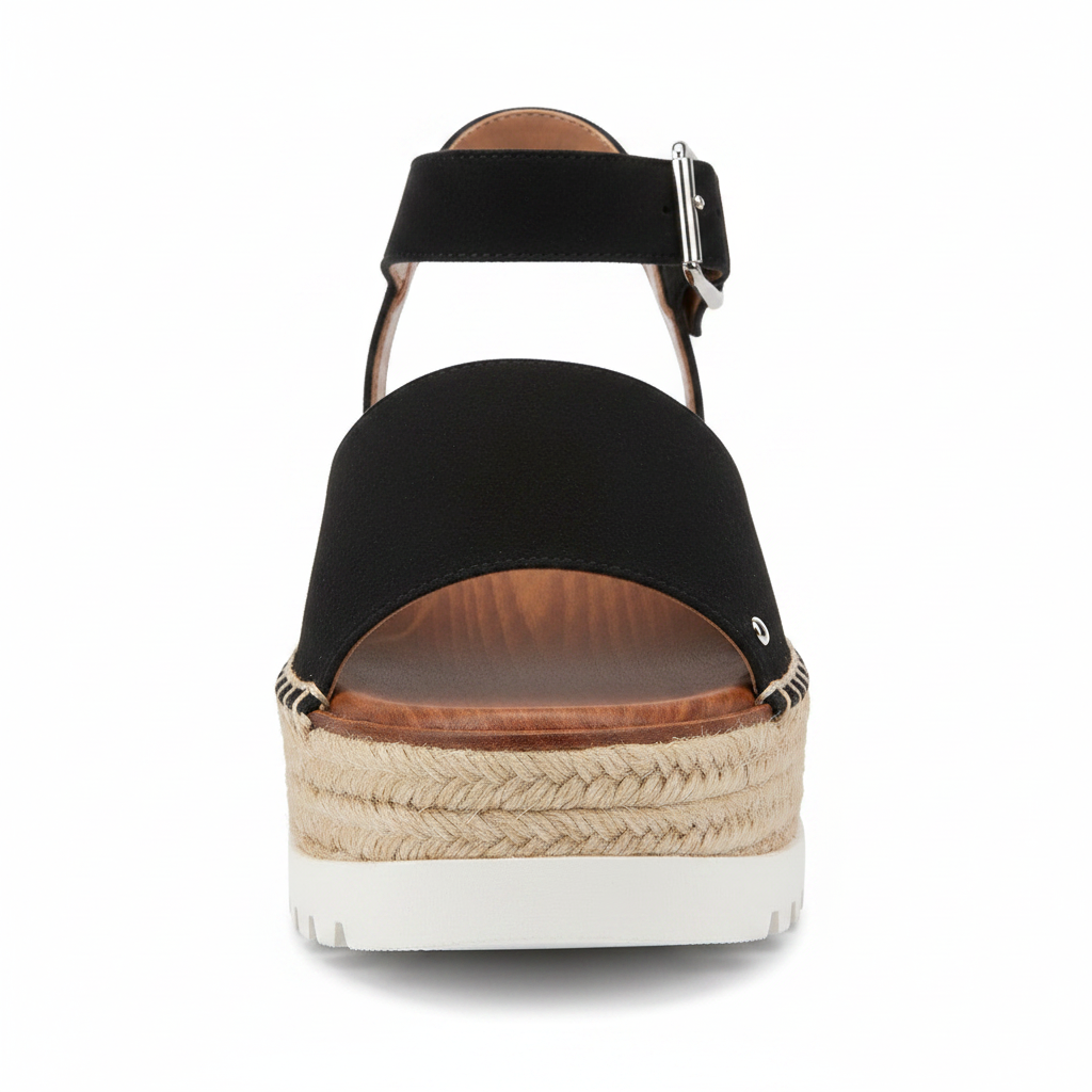 Women's black suede espadrille platform sandal front view, wide toe strap, braided jute platform, white rubber outsole - Soda