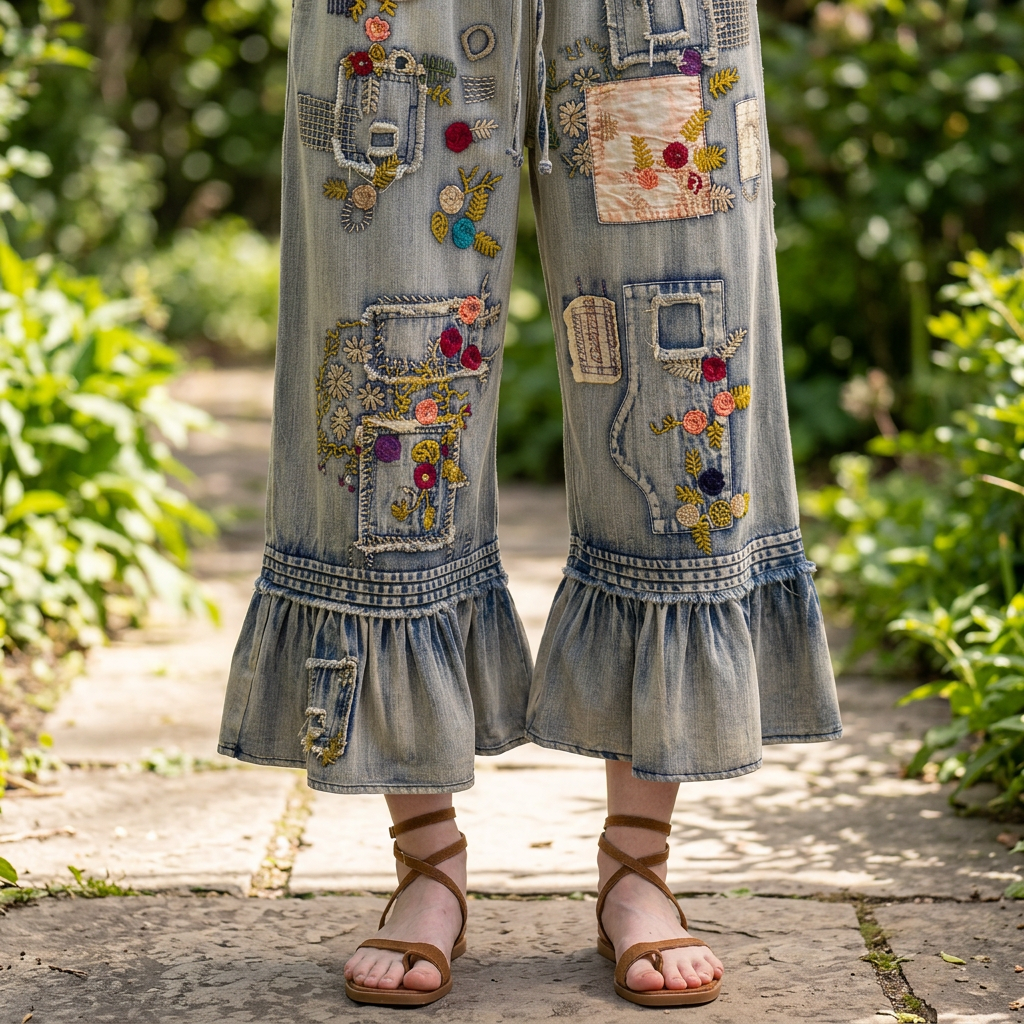 Blue Velvet women's denim pants, close view of embroidered lower legs and gathered ruffle hems