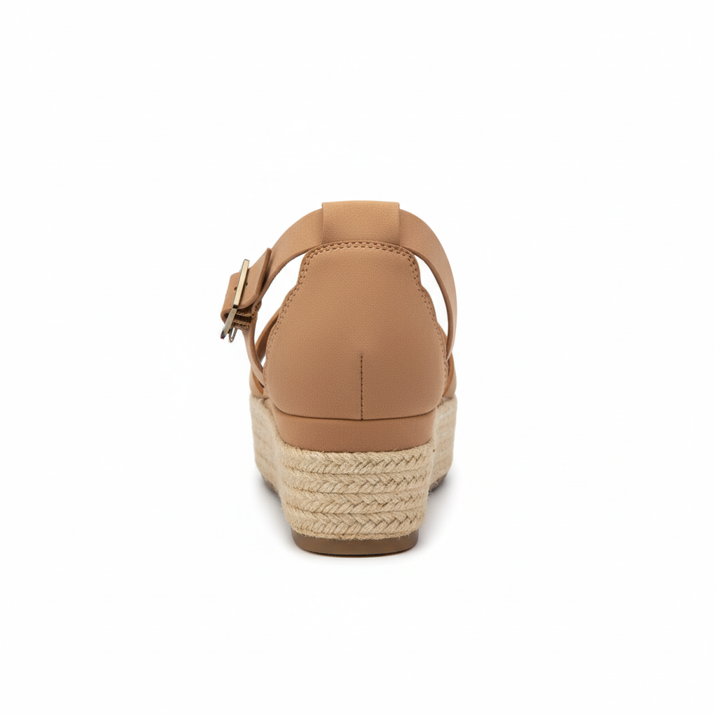 Back view of tan wedge sandals with adjustable ankle strap buckle closure