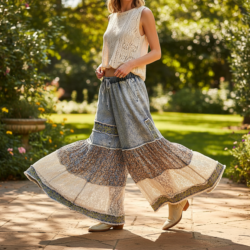 POL denim patchwork wide-leg pants with cream lace tier worn walking in garden patio setting