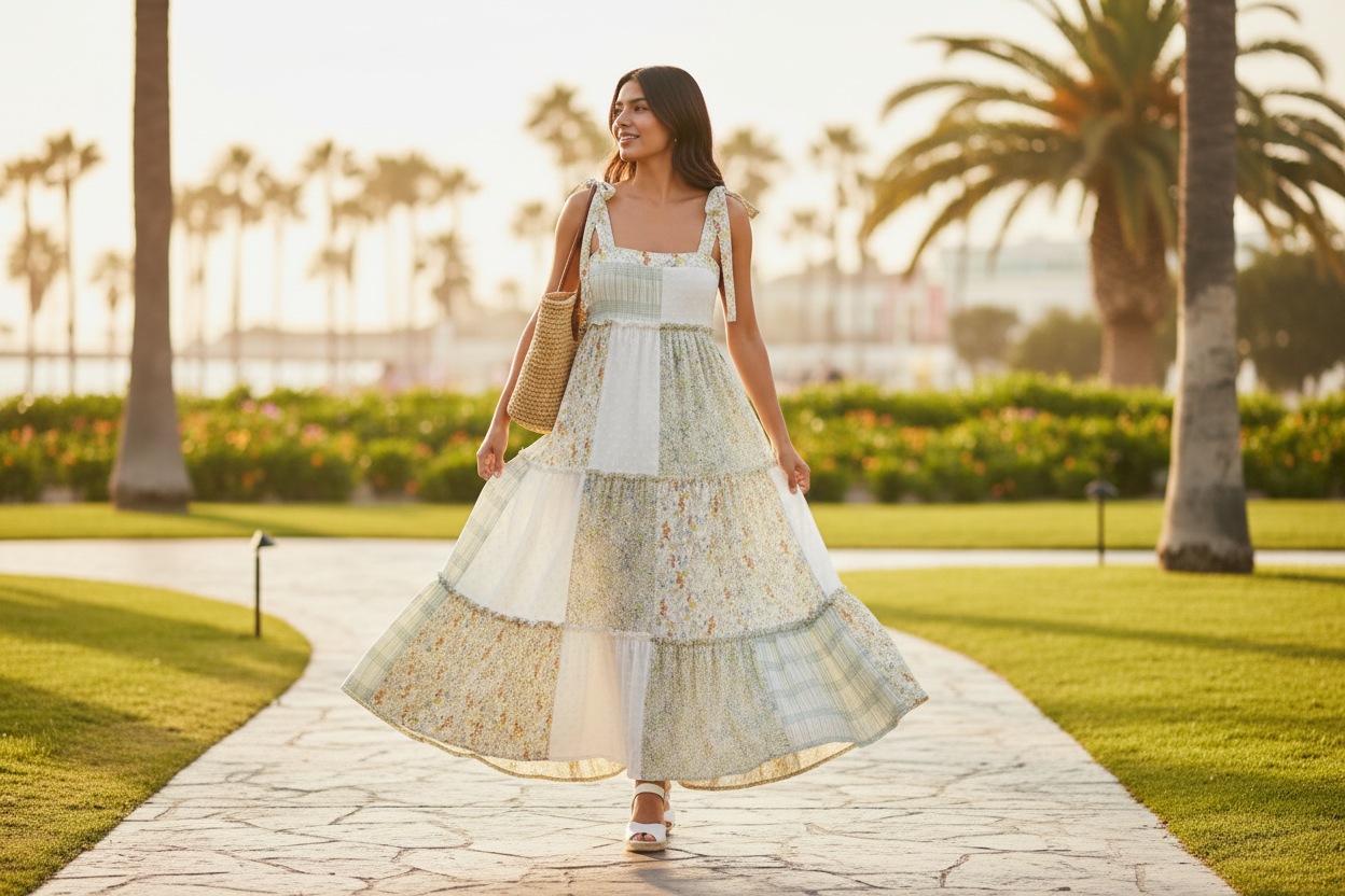 Mello Ivory Multi patchwork tiered maxi dress on model walking resort boardwalk, espadrille wedges and straw tote