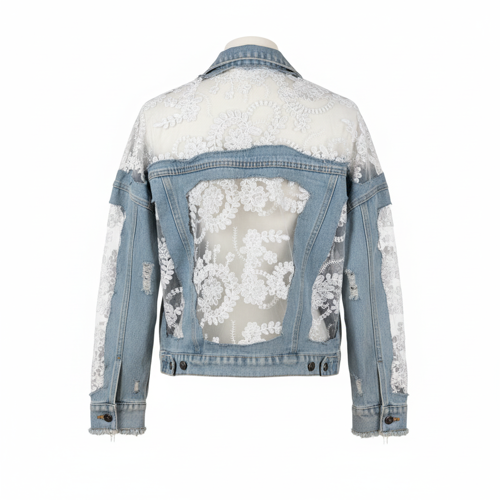 Women's light blue distressed denim jacket with sheer lace back panel back view ghost mannequin relaxed fit