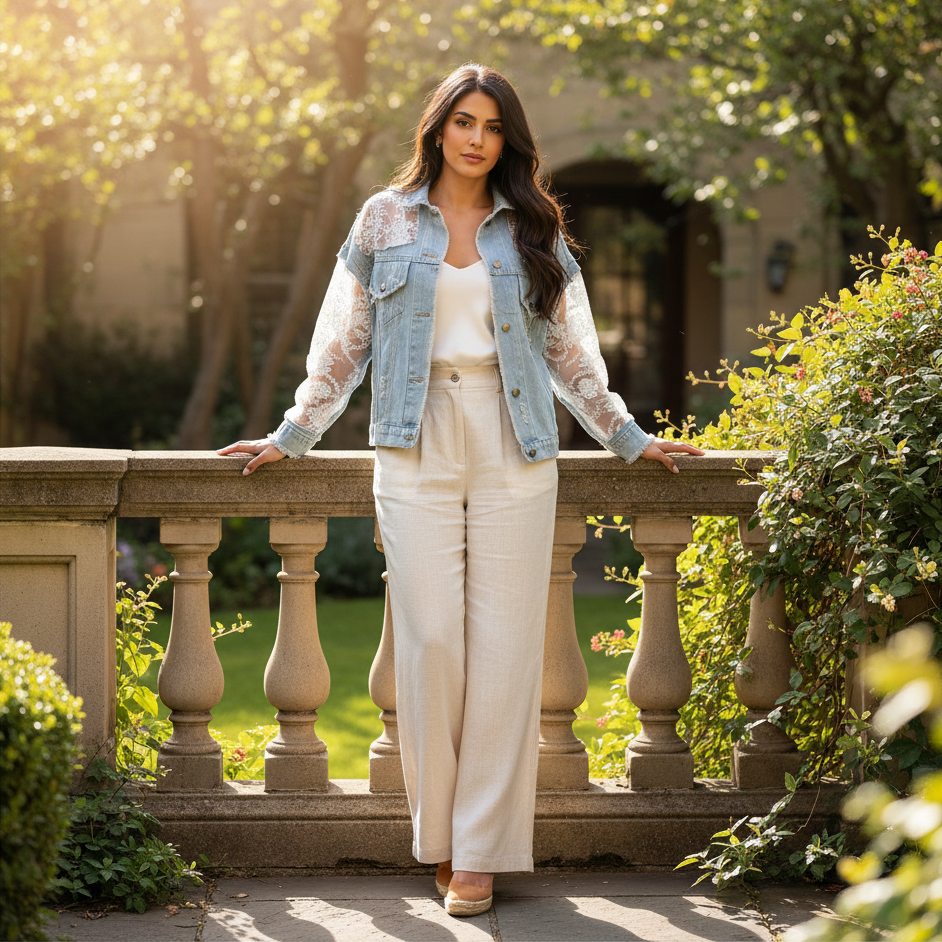 Women's light blue distressed denim jacket with lace panels styled on Middle Eastern model in garden