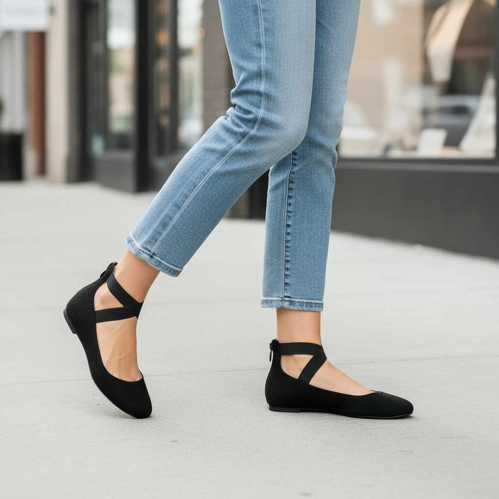 Woman walking in Bella Marie black suede ballet flats with ankle straps, knees-down mid-stride view wearing straight-leg jeans