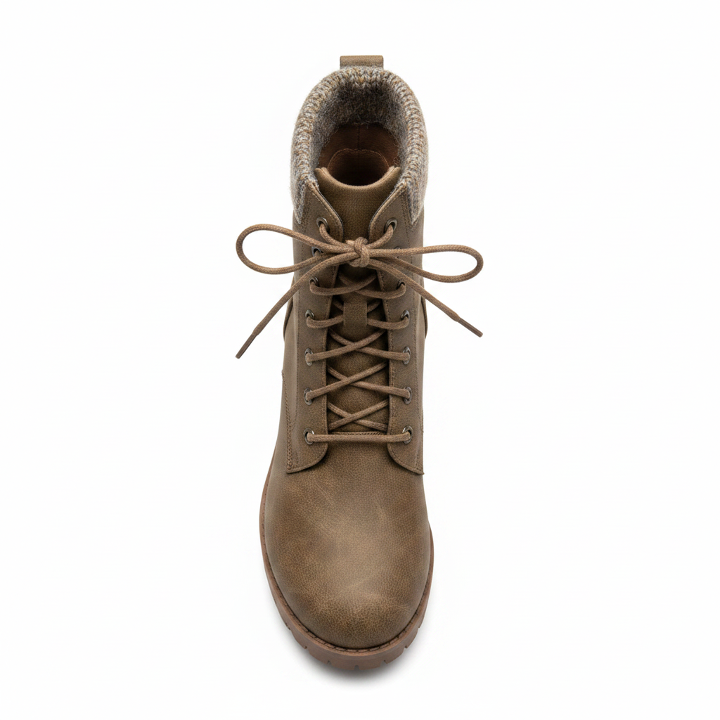 SODA women's taupe lace-up ankle boot top view, knit collar opening, metal eyelets, distressed faux leather