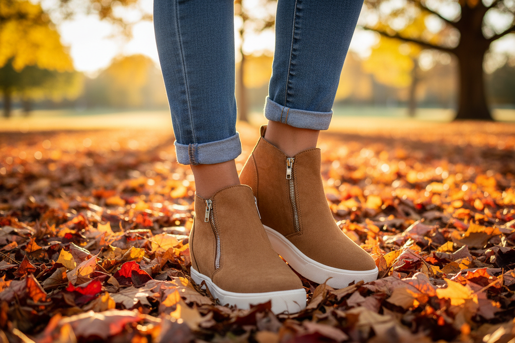 Close-up of brown suede platform sneakers on autumn leaves