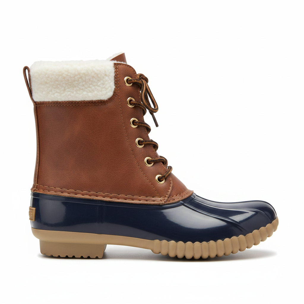 Women's brown vegan leather duck boot side profile, navy rubber shell, cream sherpa trim, lug sole - Yoki