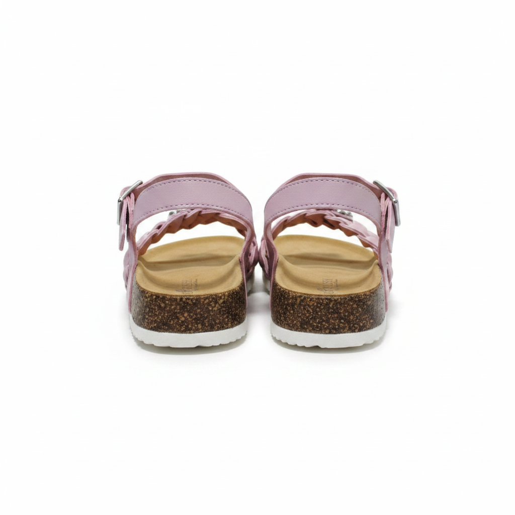 Cherish ESTELA-9 off pink braided sandals, straight rear view showing ankle strap, silver buckle and cork platform