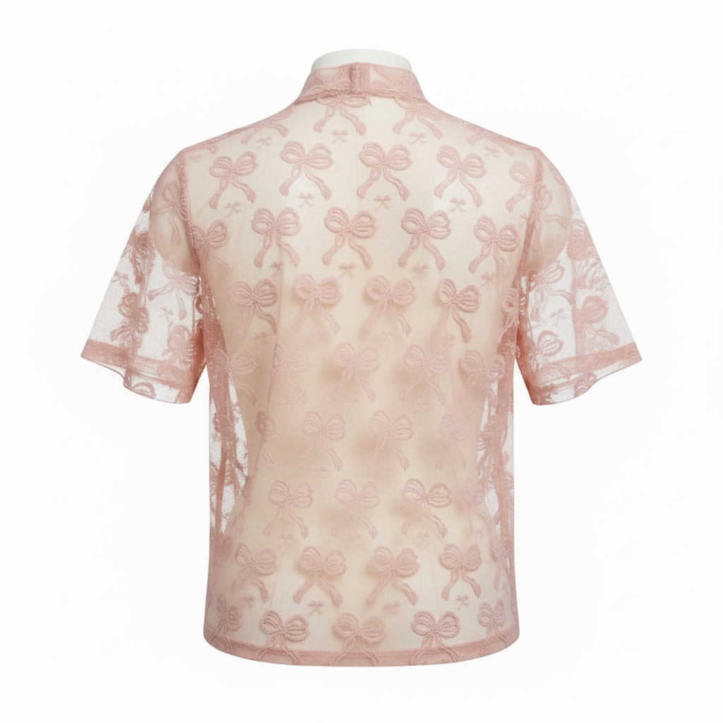 Women's blush pink sheer lace top, back view, high mock neck, allover bow embroidery, boxy fit
