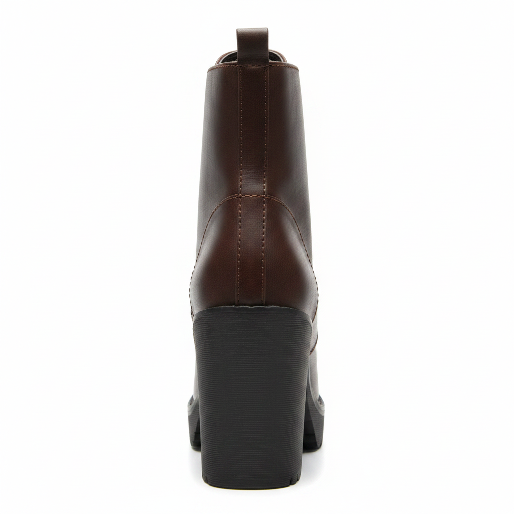 Women's dark brown combat bootie back view showing stacked block heel, pull tab, and back seam stitching - Soda
