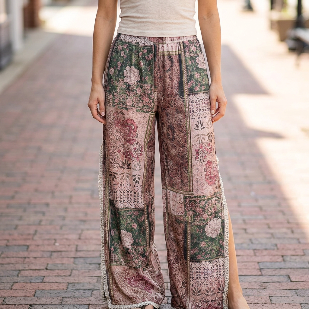 POL Clothing Rose Multi patchwork pants, close-up of pink paisley and green floral print on a brick walkway
