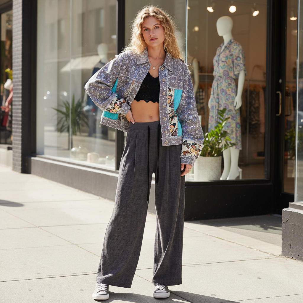 POL women's Choco Floral cropped denim balloon-sleeve jacket with butterfly tapestry panels, city boutique street style - BellanBlue