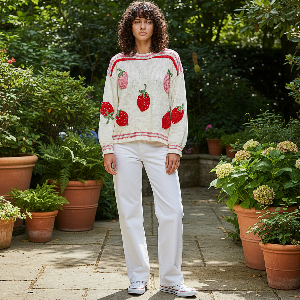 POL Clothing cream strawberry applique knit sweater styled with white wide-leg jeans, garden patio
