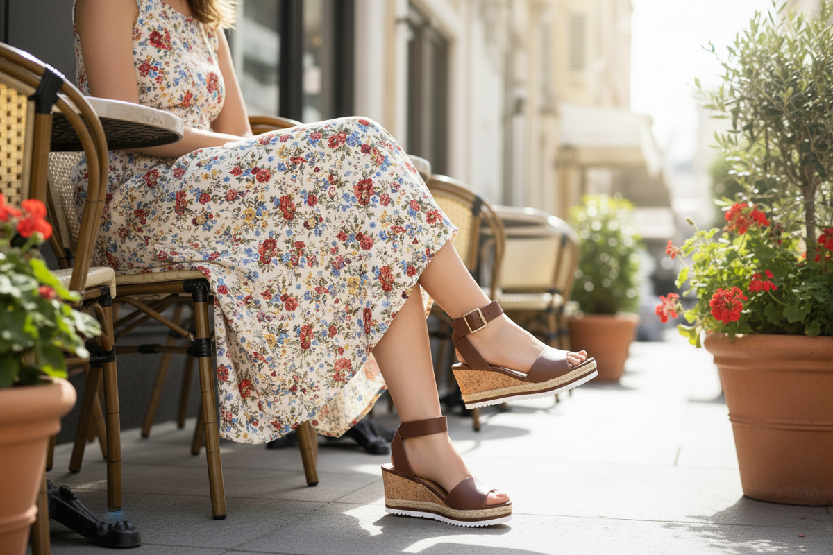 Woman seated at cafe wearing Cityclassified Junior-S brown cork wedge sandals, outer side and gold buckle visible