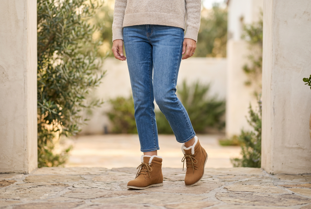 Women's camel sherpa-lined lace-up wedge ankle boots styled with cropped jeans in a sunlit stucco courtyard.