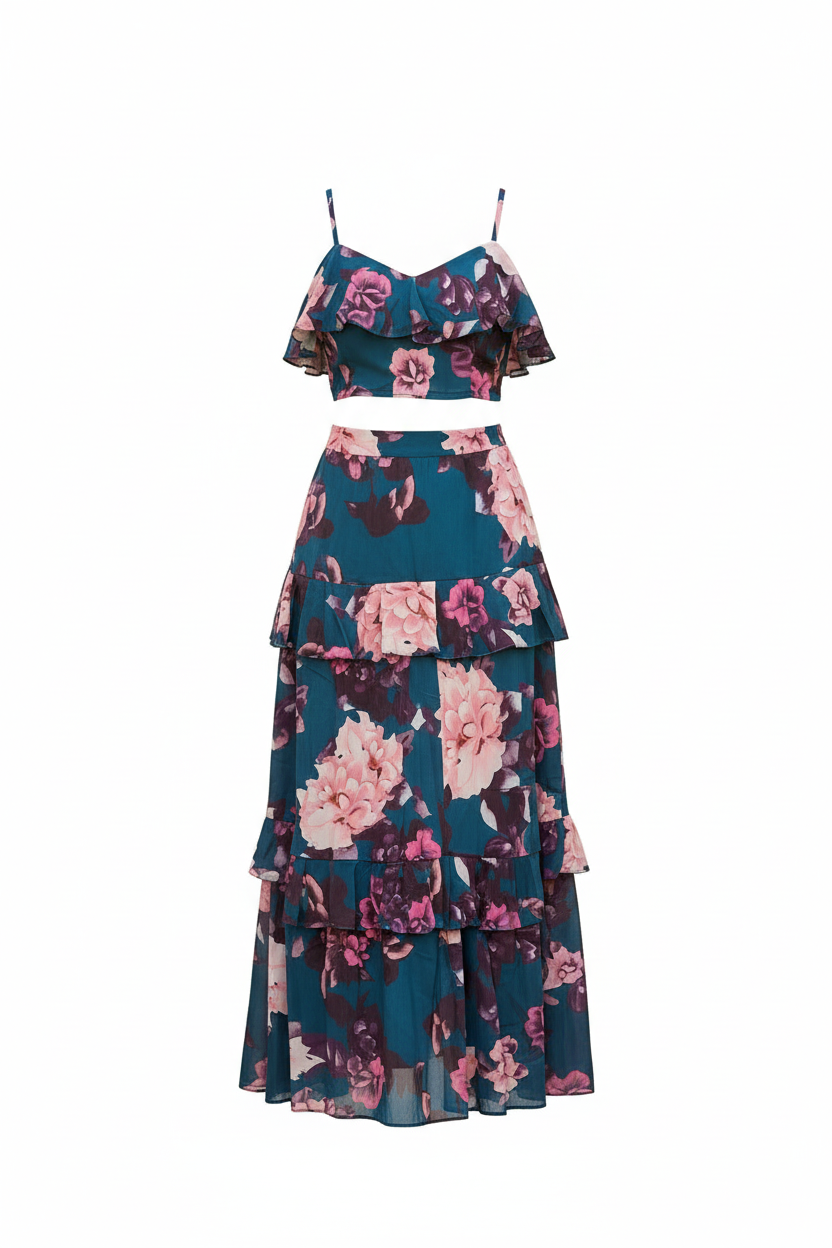 Floral two-piece dress with top and tiered skirt on a white background