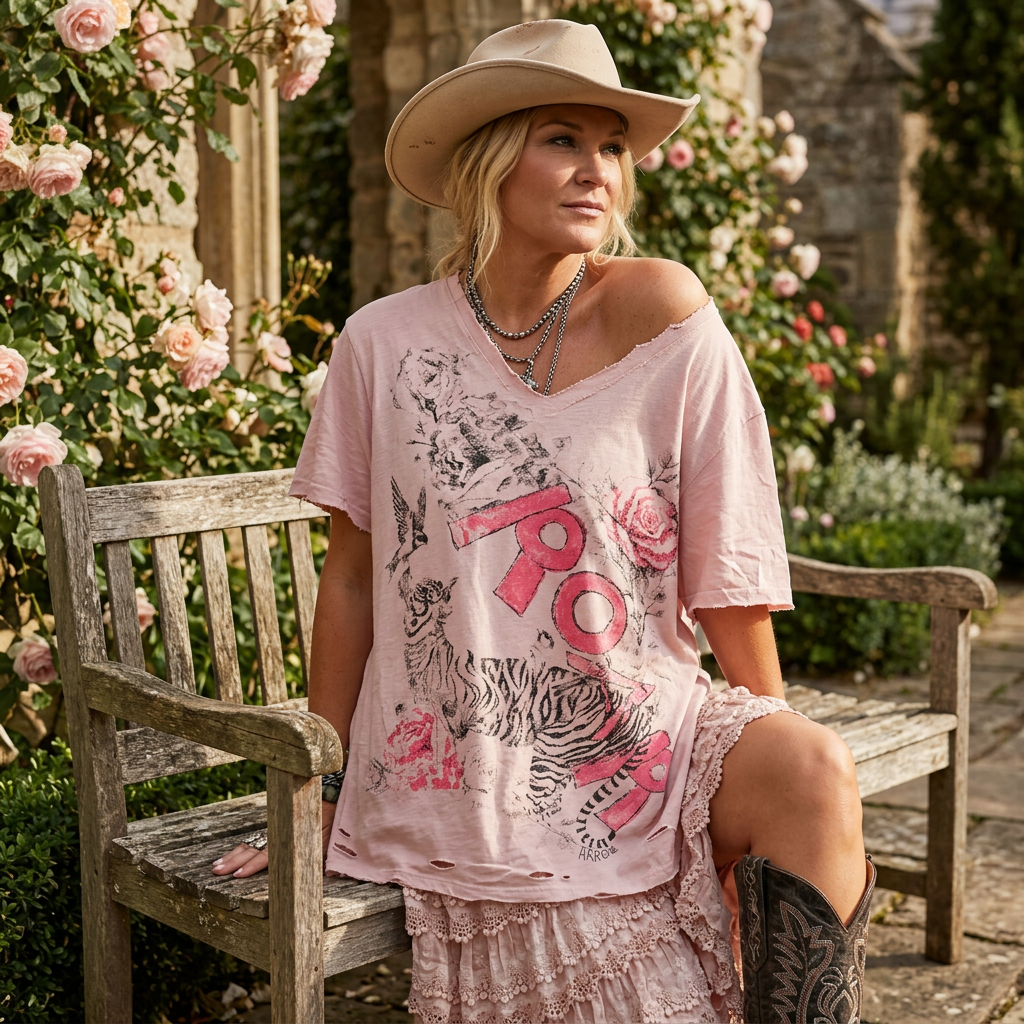 Oversized blush pink tiger print tee with a lace ruffle skirt and cowboy hat in a rose garden courtyard