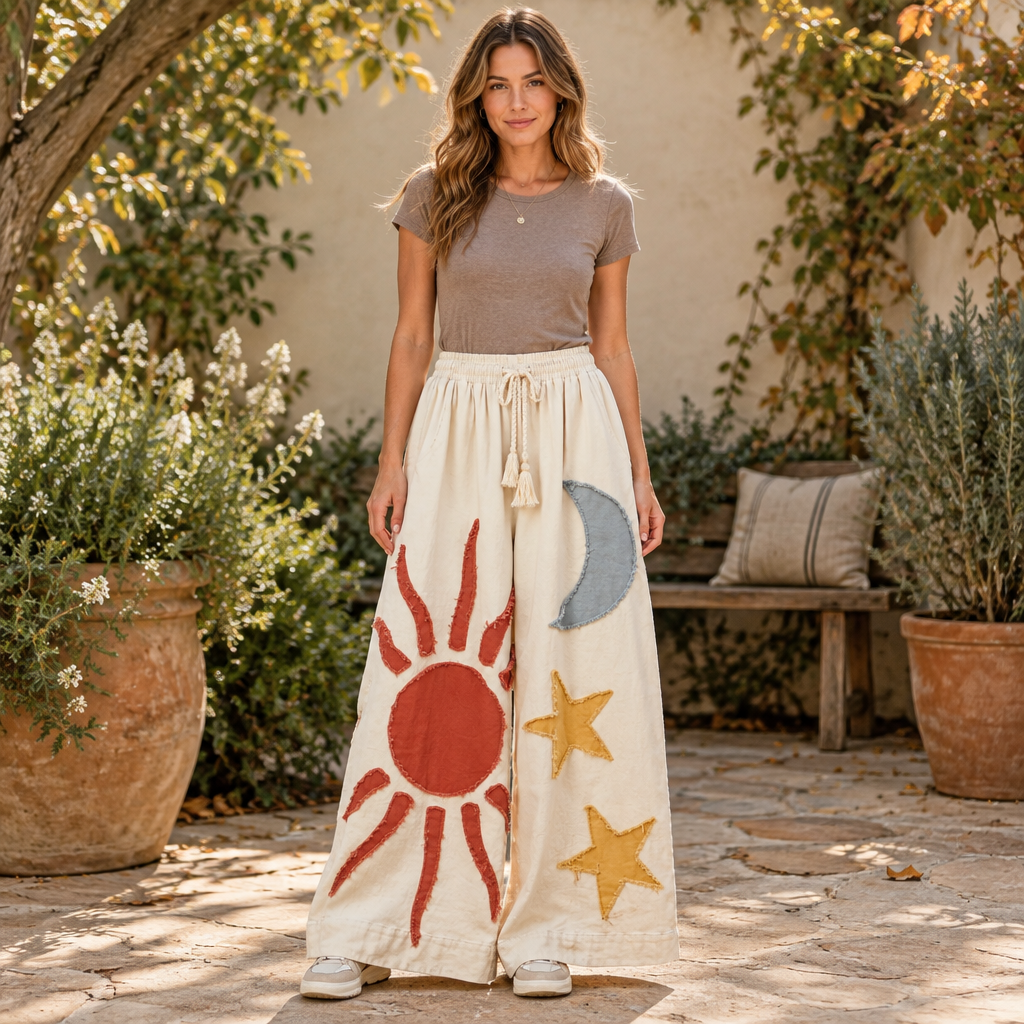 Mello women's cream wide-leg celestial appliqué pants styled with a taupe tee on a garden patio - BellanBlue