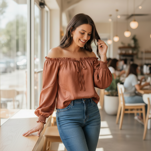 Woman wearing terracotta off-shoulder blouse with jeans in café setting lifestyle photo