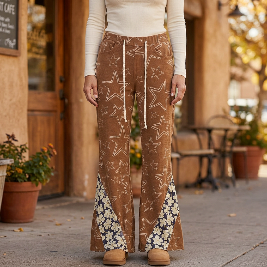 POL Clothing women's rust brown star-print flare pants with floral panels outside a cafe - BellanBlue