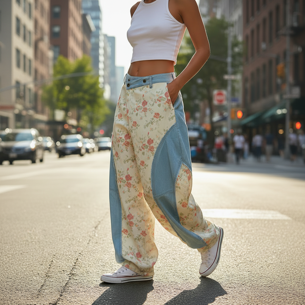 Floral rose and denim patchwork barrel pants styled with white crop top on sunny city street