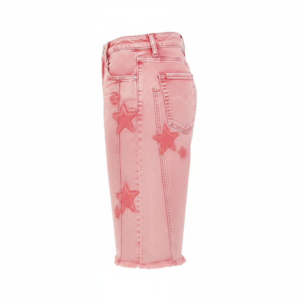 Women's pink star denim Bermuda shorts side profile high-rise waist relaxed wide-leg