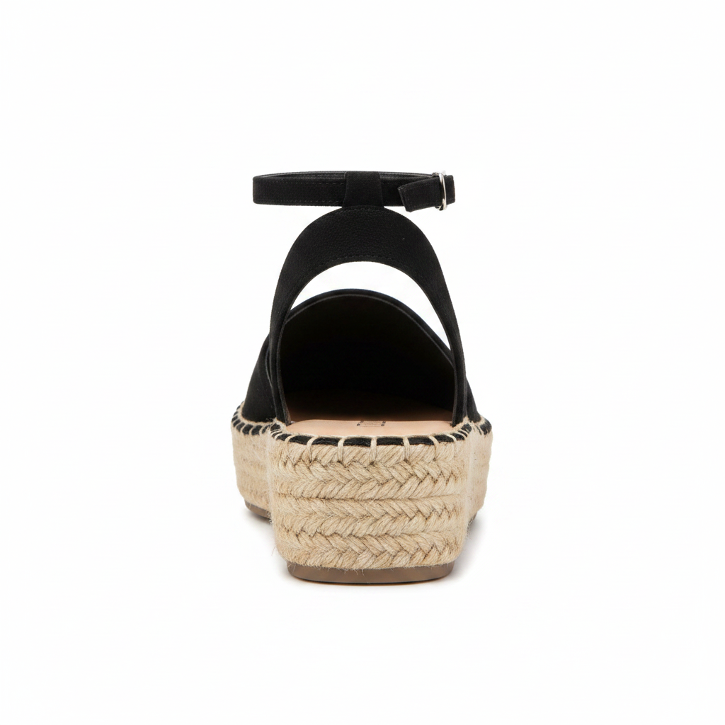 Women's black suede espadrille flatform sandal back view showing ankle strap buckle closure and woven jute platform sole