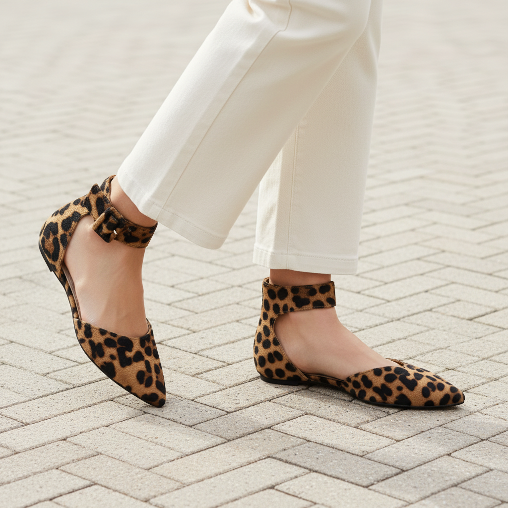 Woman walking on brick sidewalk wearing Faryl Robin leopard ankle-strap flats with cream wide-leg trousers, mid-stride close-up