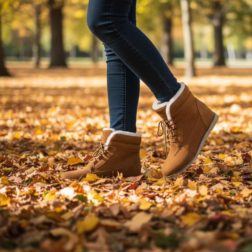 Woman walking in camel suede sherpa-lined ankle boots mid-stride, dark jeans, autumn park with fallen leaves