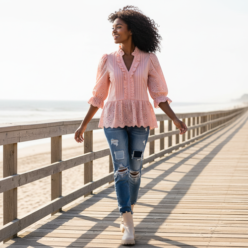 Women's blush pink cotton eyelet blouse, scalloped hem, puffed sleeves, relaxed boho fit, outdoor