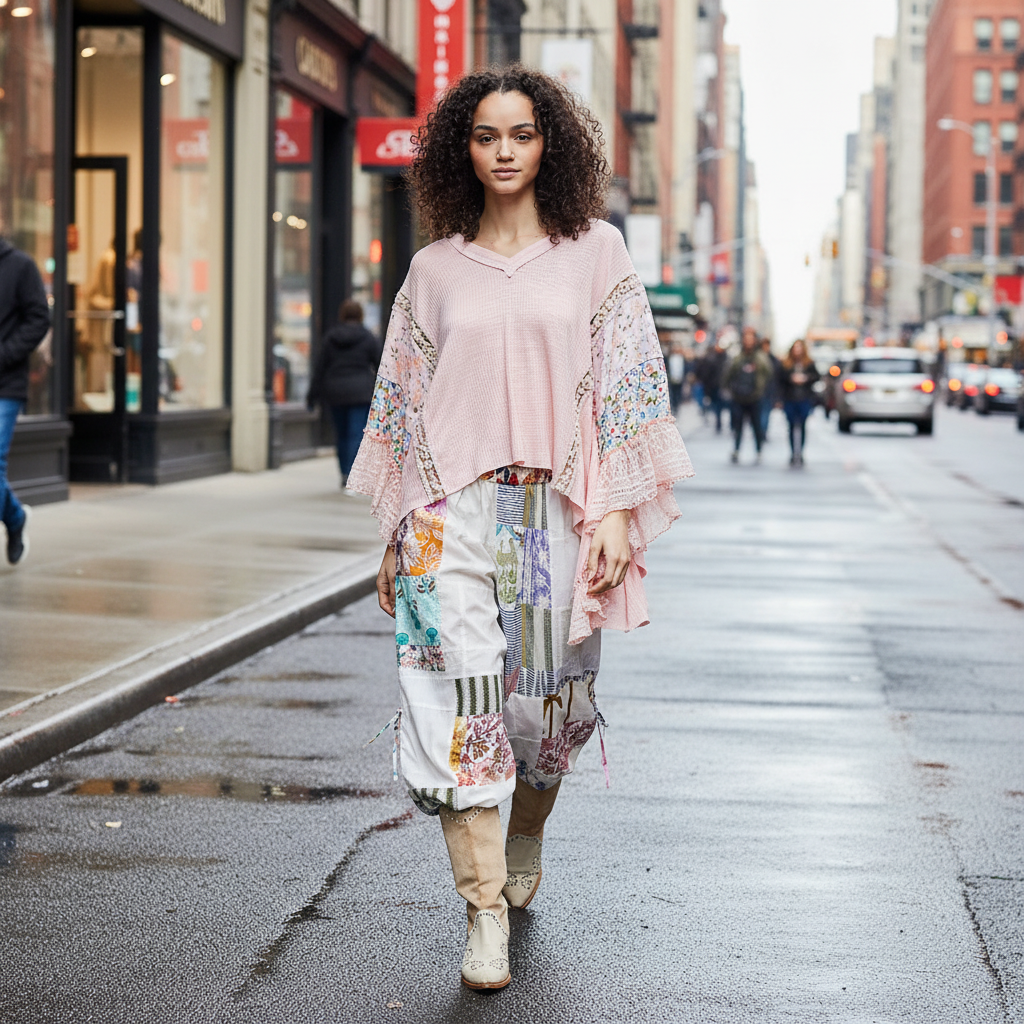 Blush garment styled with model walking on city street - BellanBlue
