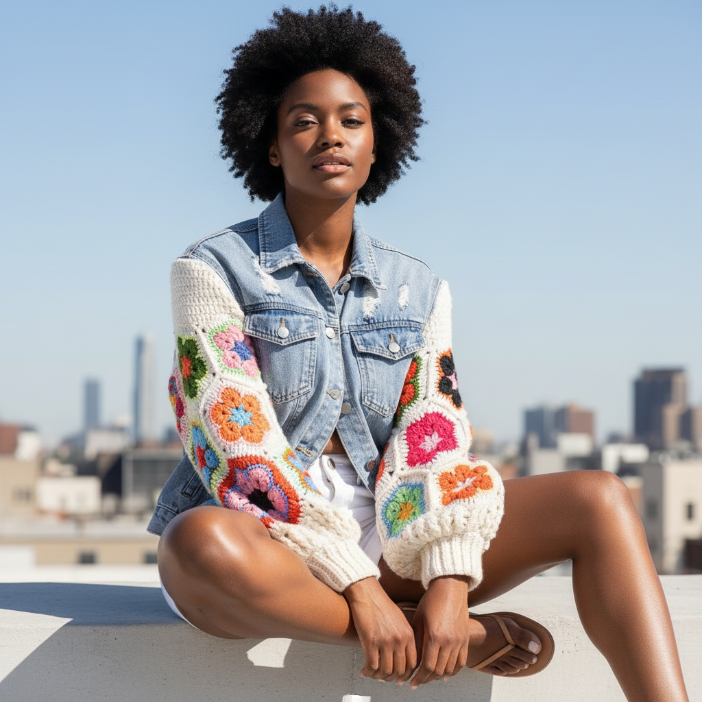 Women's distressed denim jacket multicolor granny square crochet sleeves rooftop white shorts