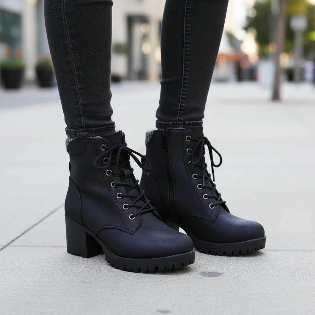 Woman standing in Soda black lace-up ankle boots on urban sidewalk, knees-down close-up