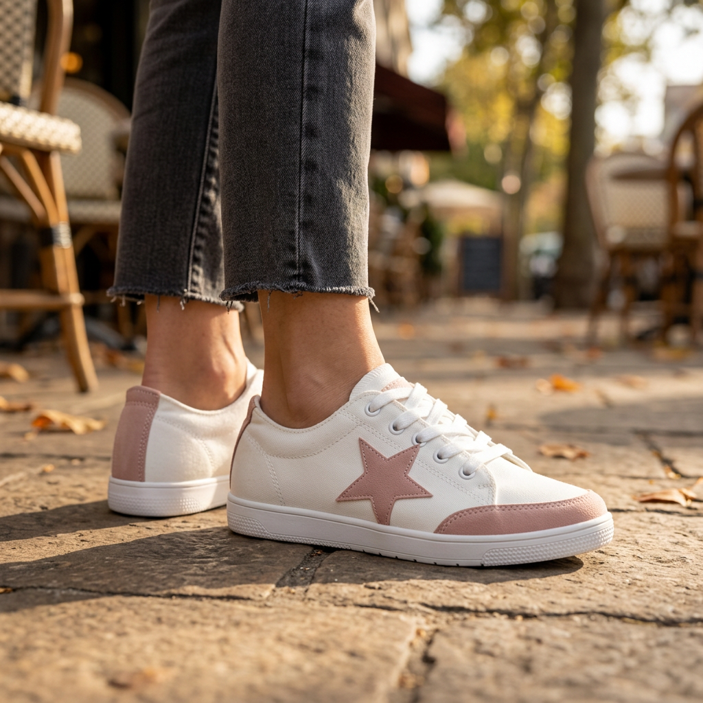 Close-up of women's white canvas sneakers with blush pink suede stars and toe trim on stone paving