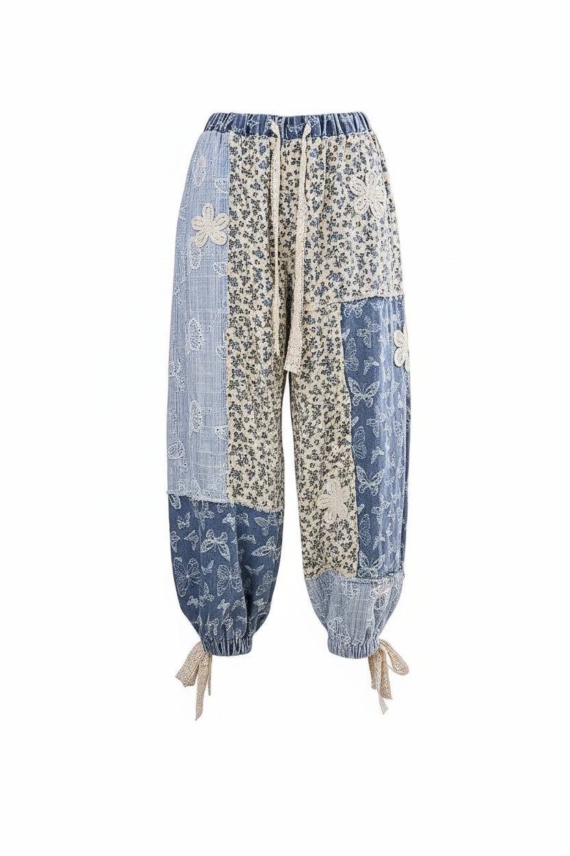 POL Patchwork Butterfly Print Joggers in Blue Butterfly Multi - front view ghost mannequin