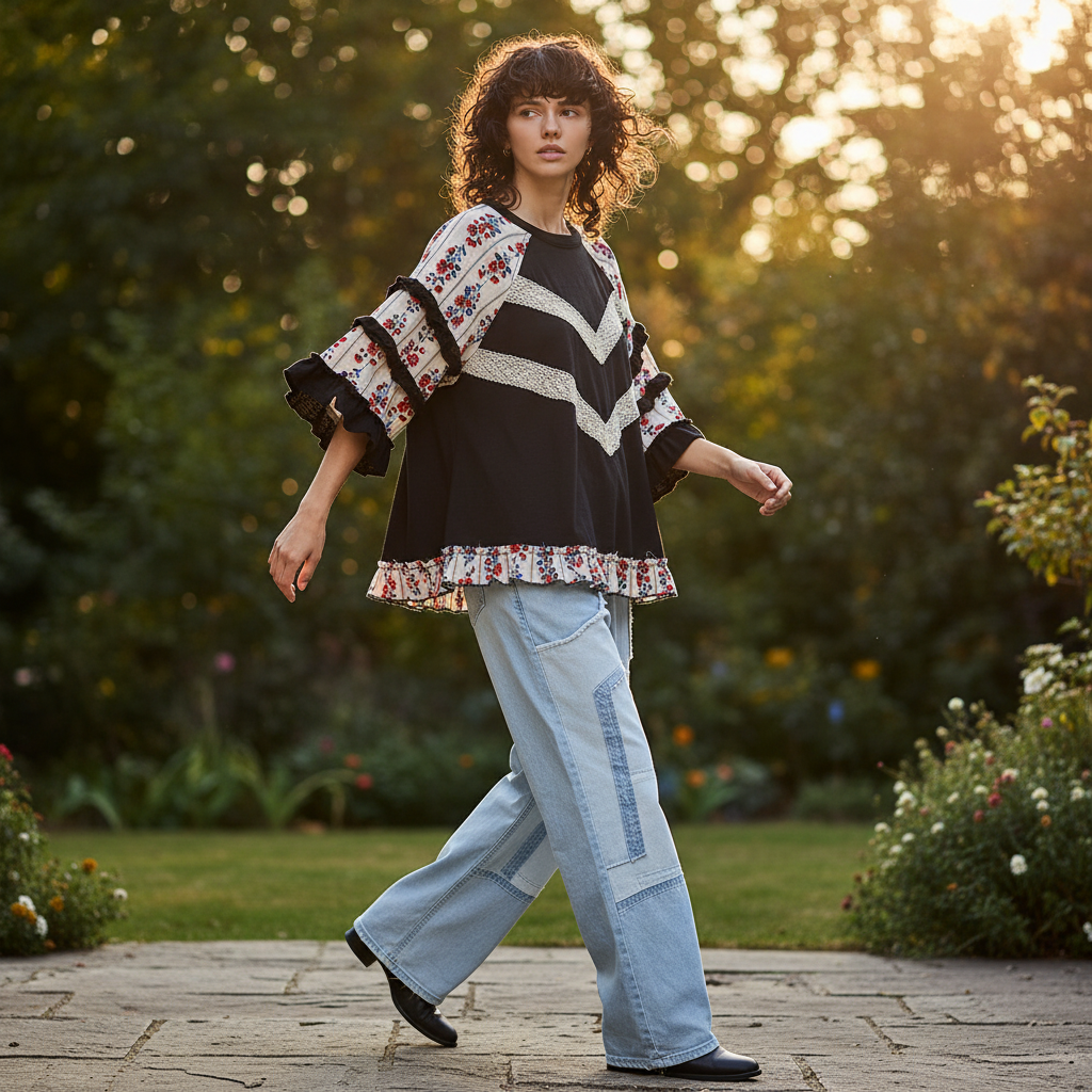POL Clothing women's black floral ruffle sleeve knit top in motion, garden patio setting
