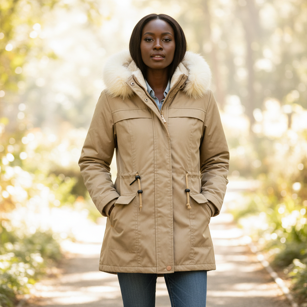 Women's beige parka coat with faux fur hood, drawstring waist, relaxed fit, outdoor lifestyle - BellanBlue